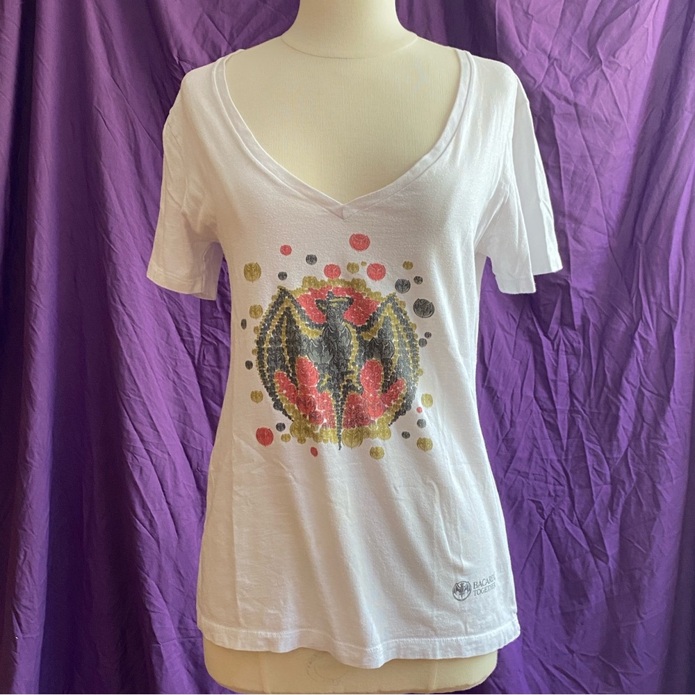 Bacardi Bat Logo Women’s Deep V-Neck White Tee. Size L.